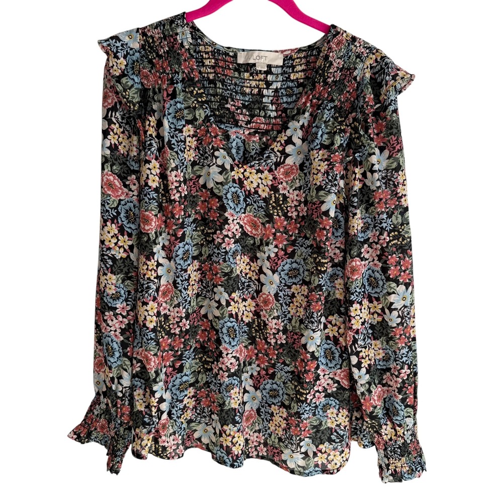 LOFT Bouquet Floral Flirty V-Neck Puff Sleeves Ladies Multi Color Blouse, L